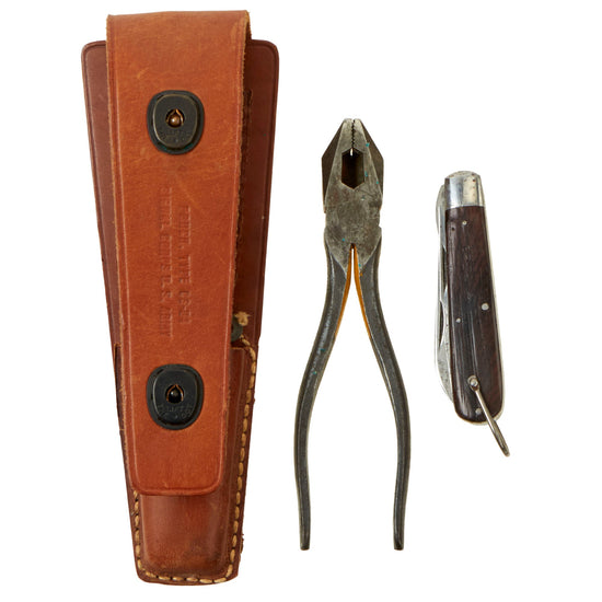 Original U.S. WWII US Army Signal Corps Lineman’s Tool Set With CS-34 Leather Pouch, TL-29 Pocket Knife and TL-13 Pliers Original Items