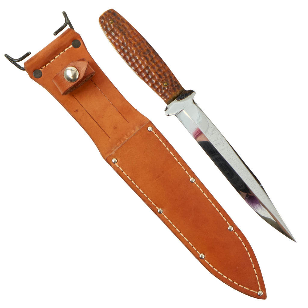 Original U.S. WWII Case "Pig Sticker" Jigged Bone Handle Fighting Knife with Rare Chrome Plated Clip Point Blade & Belt Scabbard Original Items