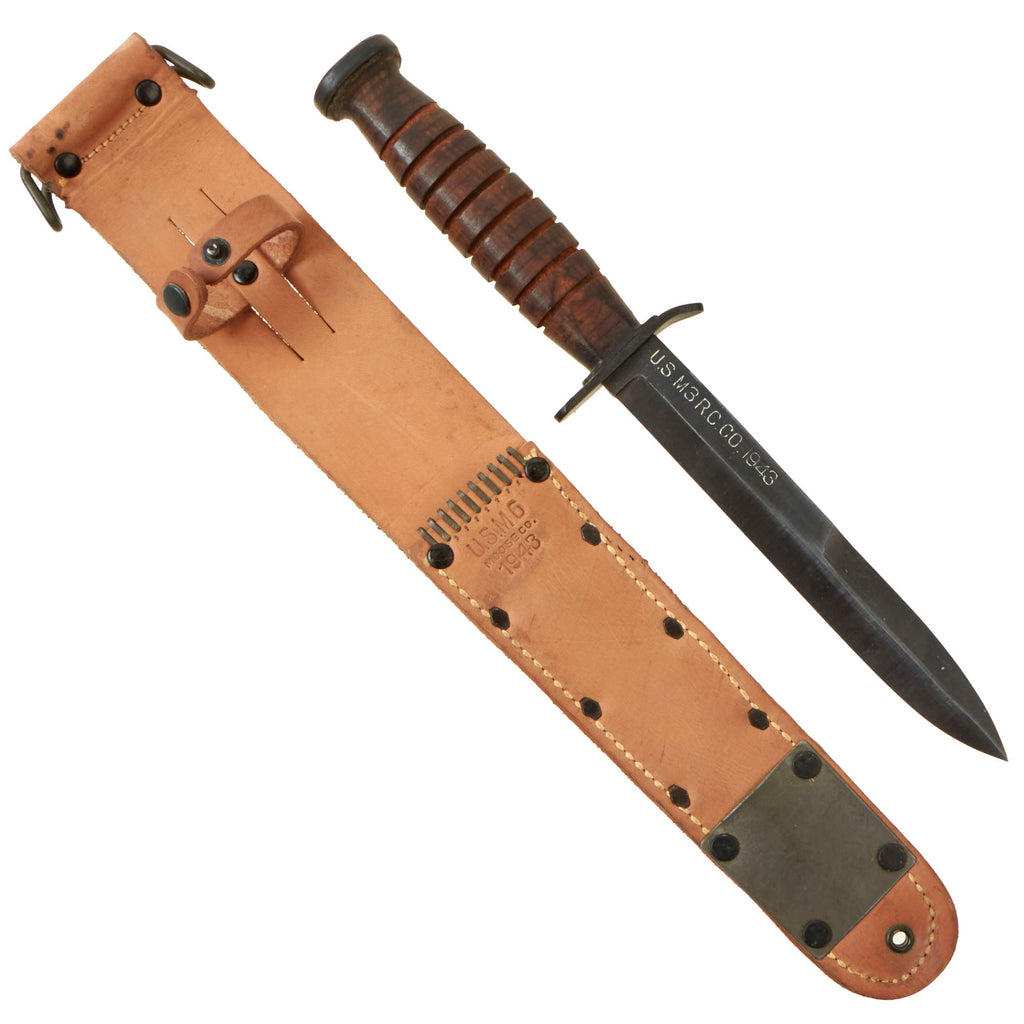 Original U.S. WWII New Old Stock M3 Fighting Knife Blade Marked by Robeson Cutlery Co with 1943 Dated M6 Scabbard by Moose Co Original Items