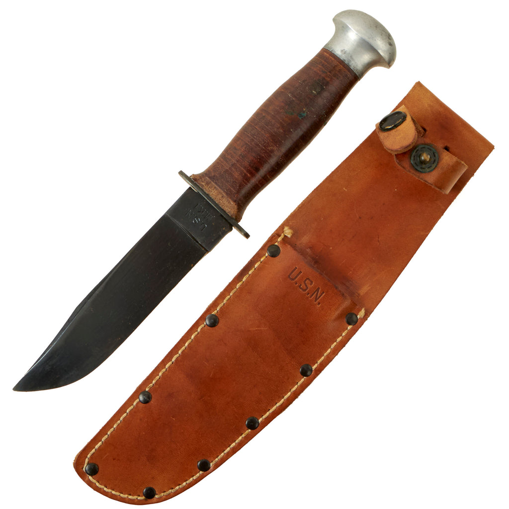 Original U.S. WWII USN Mark 1 Robeson ShurEdge No. 20 Fighting Knife with Alloy Pommel and Leather Scabbard Original Items