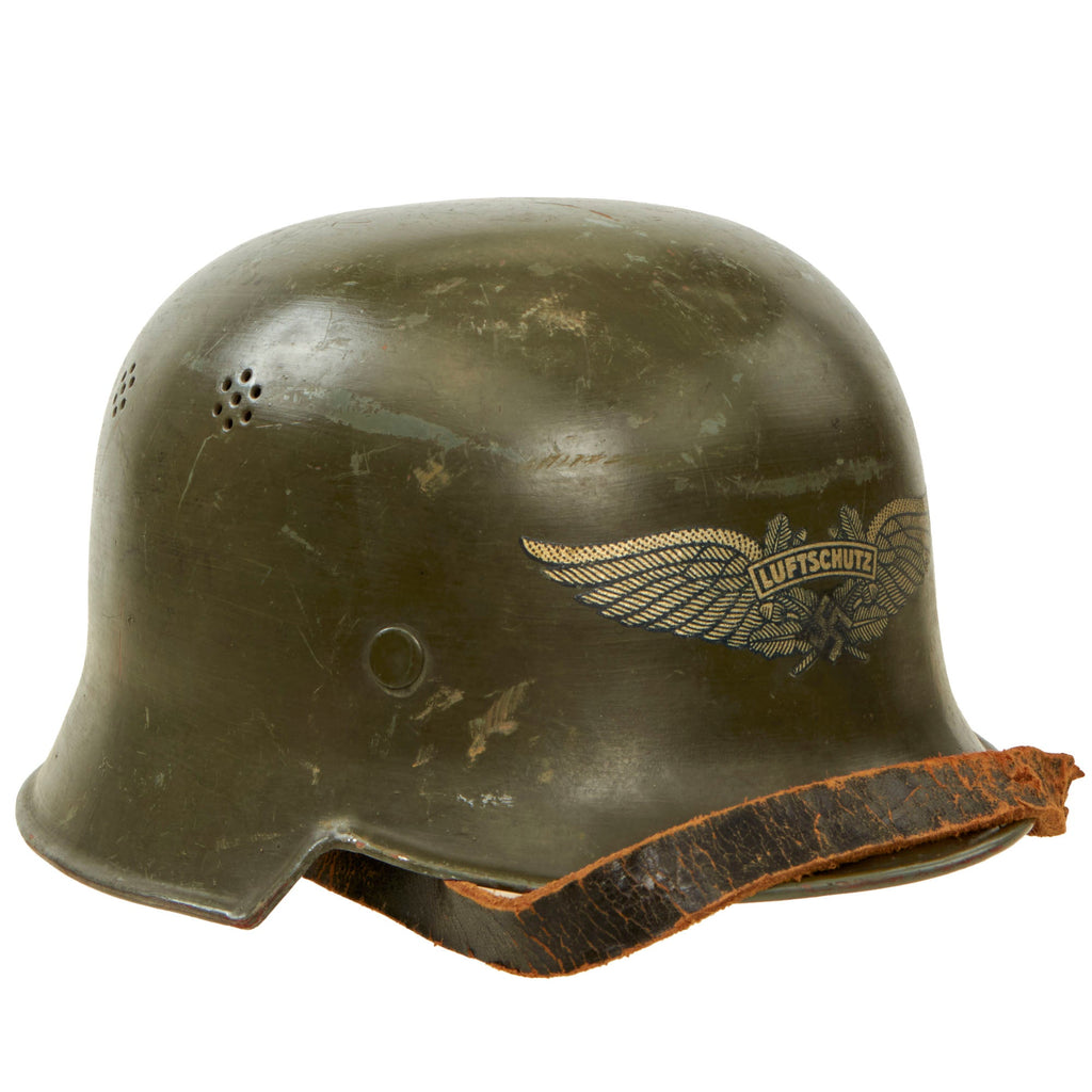 Original German WWII Early M34 Civic Square Dip Luftschutz Air Defense Steel Helmet with Green Paint over Gray Original Items