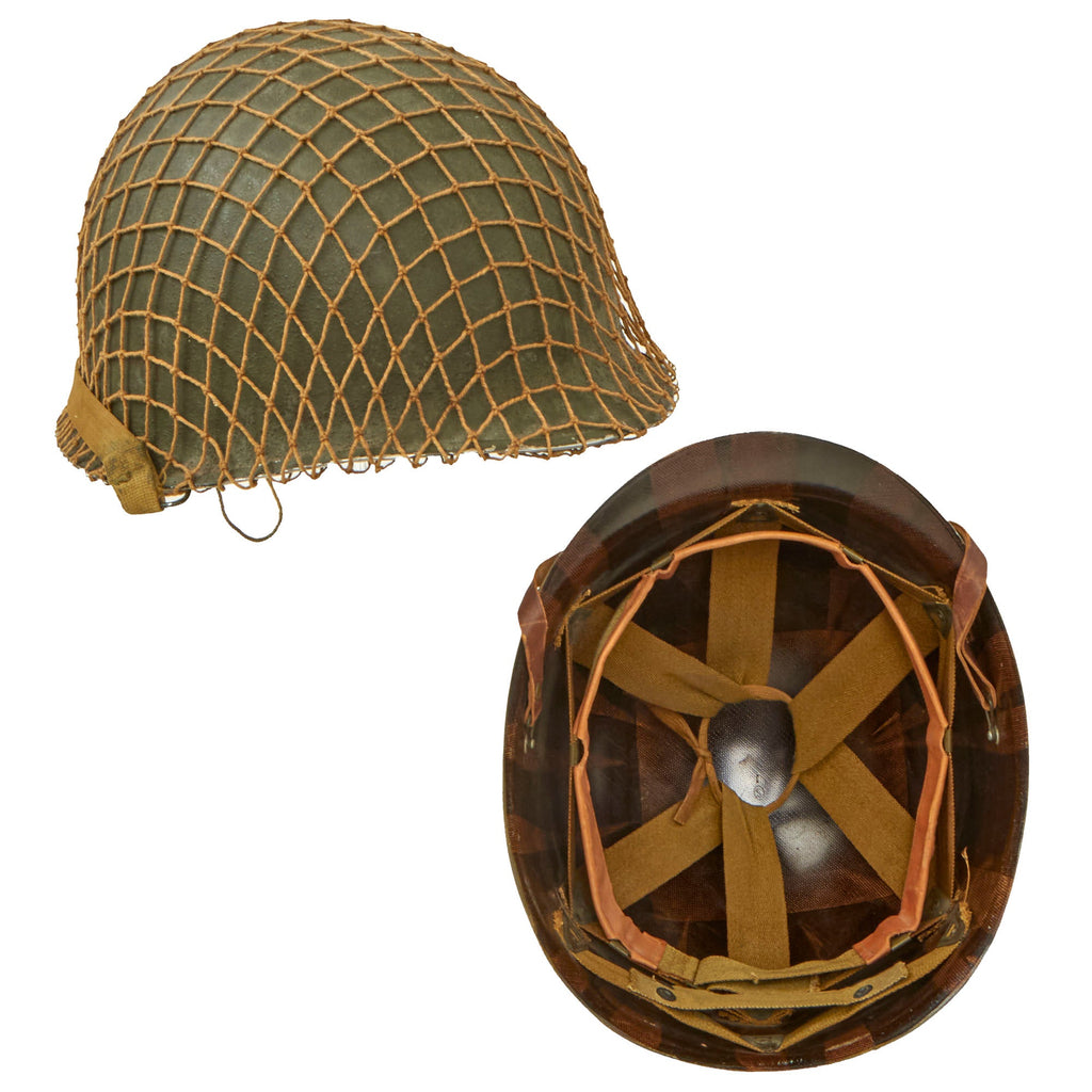 Original U.S. WWII / Korean War M1 Front Seam Swivel Bale Helmet with Seaman Paper Company Liner & Helmet Net Original Items