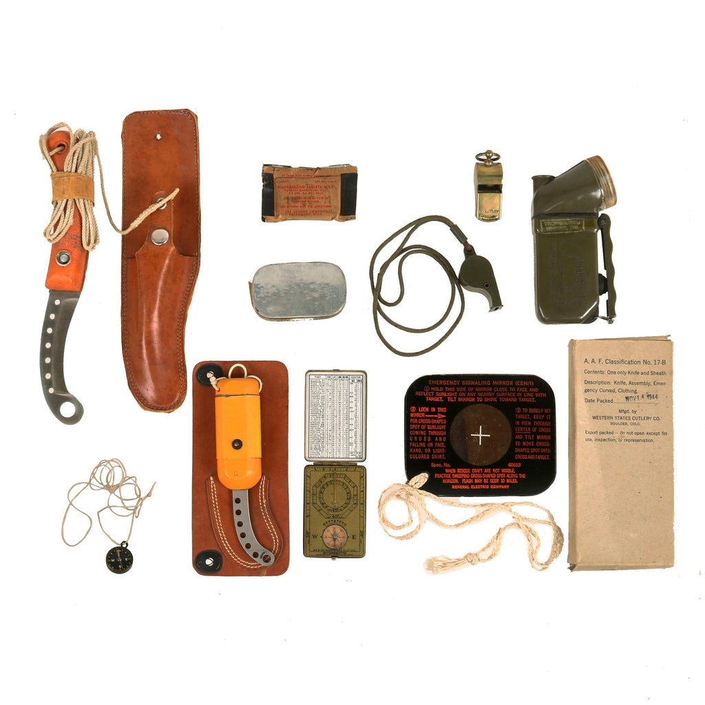 Original U.S. WWII Army Air Forces Emergency Lifeboat Survival Kit with Knives, Flashlight, Signal Mirror, Compasses - Unissued Original Items