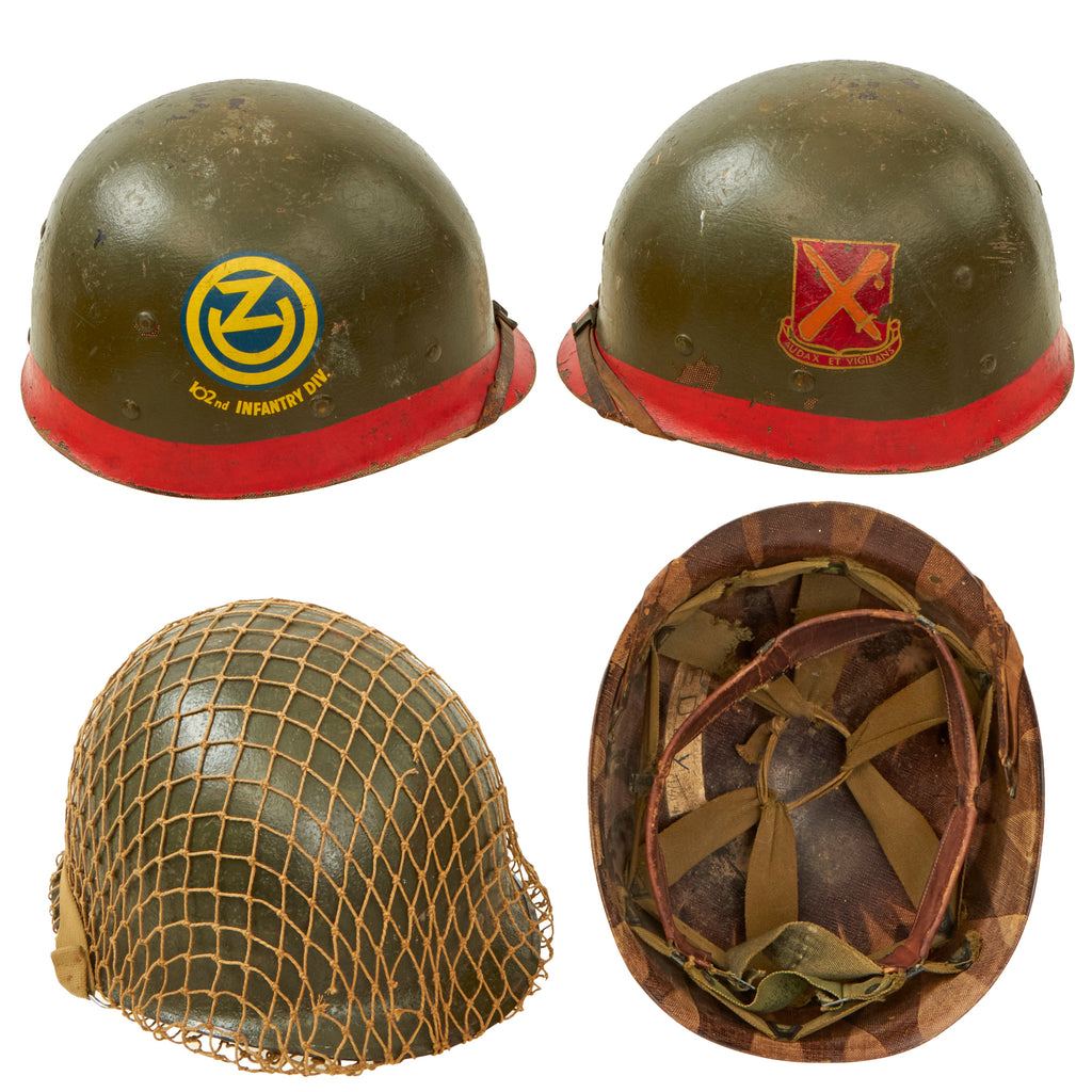 Original U.S. WWII / Korean War M1 Helmet with Named 102nd Infantry Division CAPAC Liner & Helmet Net Original Items