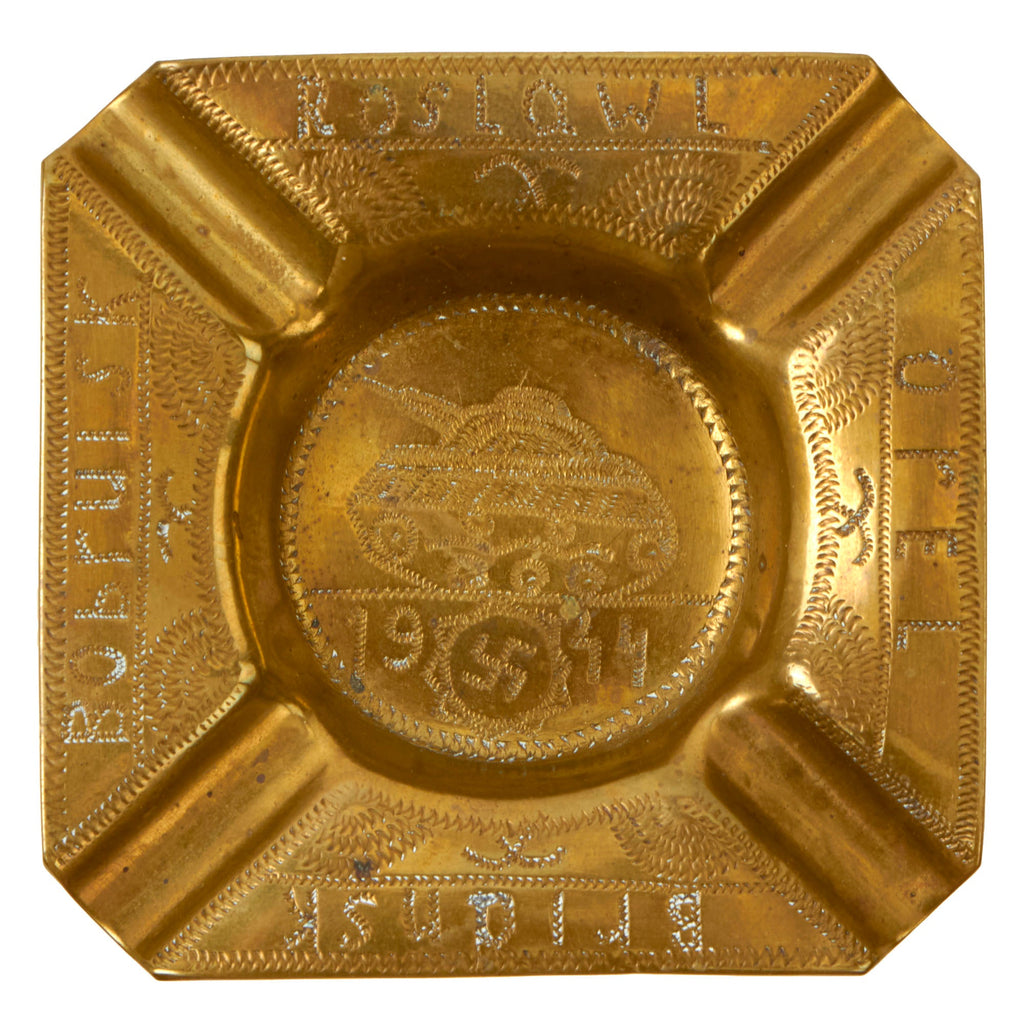 Original German WWII Panzer Tank Trench Art Brass Ashtray with Eastern Front Battles Listed Original Items