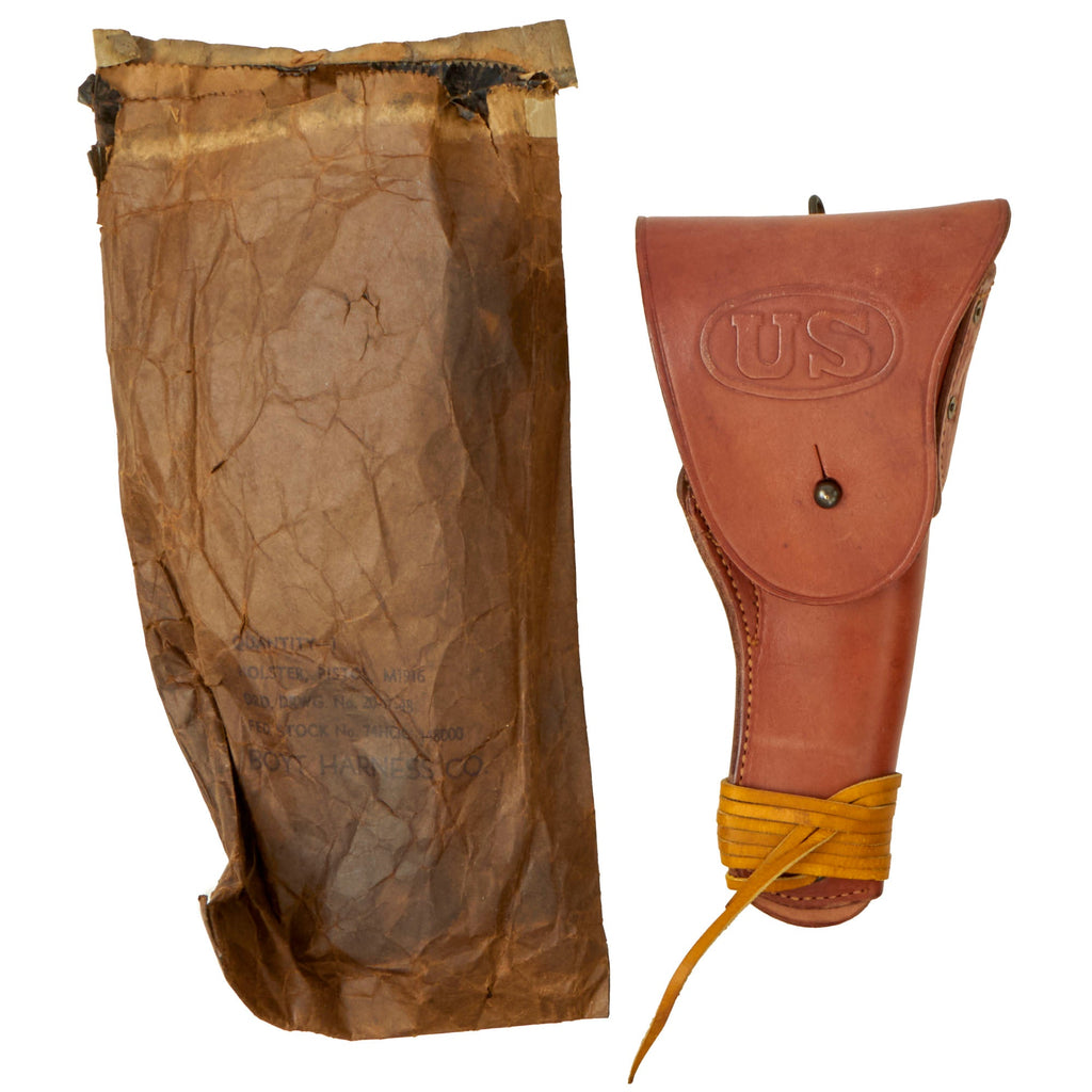 Original U.S. WWII Mint Condition M1916 .45 Colt 1911 Leather Holster by Boyt in Original Bag with Leather Lanyard - Dated 1942 Original Items