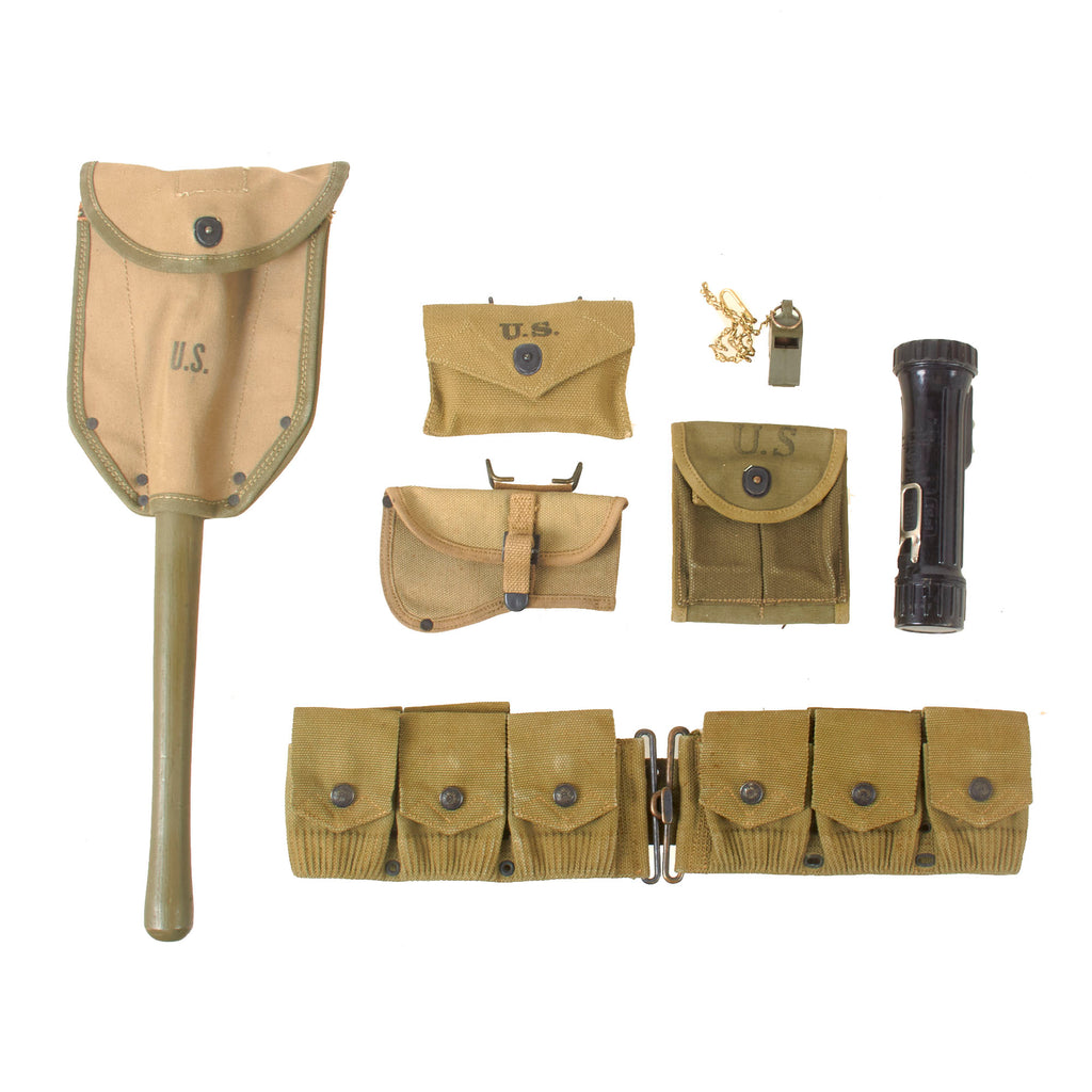 Original U.S. WWI & WWII Field Gear Lot with Entrenching Tool, Flashlight, and Eagle Snap Cartridge Belt - 7 Items Total