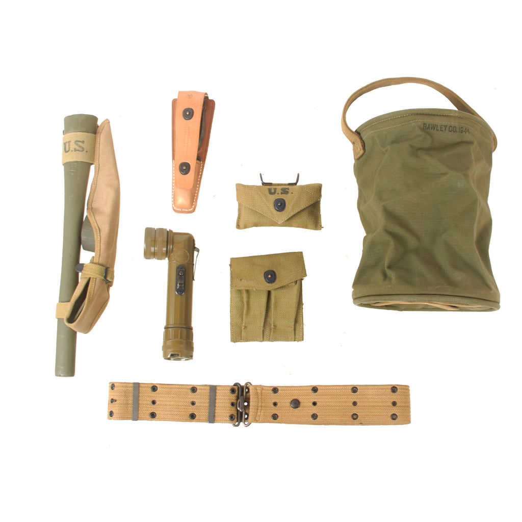 Original U.S. WWII Excellent Field Gear Lot with Lineman’s Pouch Kit, First Aid Pouch with Carlisle Bandage, and Pick Mattock Set - 7 Items Total