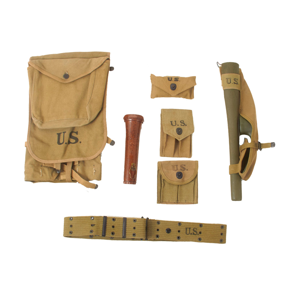Original U.S. WWII Excellent Field Gear Lot with Haversack & Mess Kit Pouch Set, First Aid Pouch with Carlisle Bandage, and Pick Mattock Set - 7 Items Total
