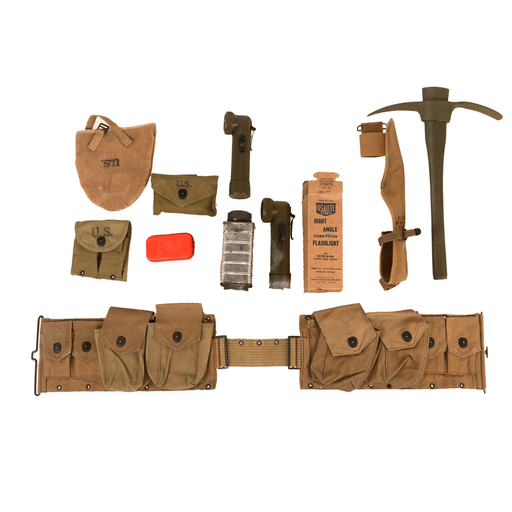 Original U.S. WWI & WWII Unissued G.I. Field Gear Lot Featuring TL-122C Flashlight in Box & M1910 Mattock Pick with 1918-Dated Cover - 8 Items Original Items