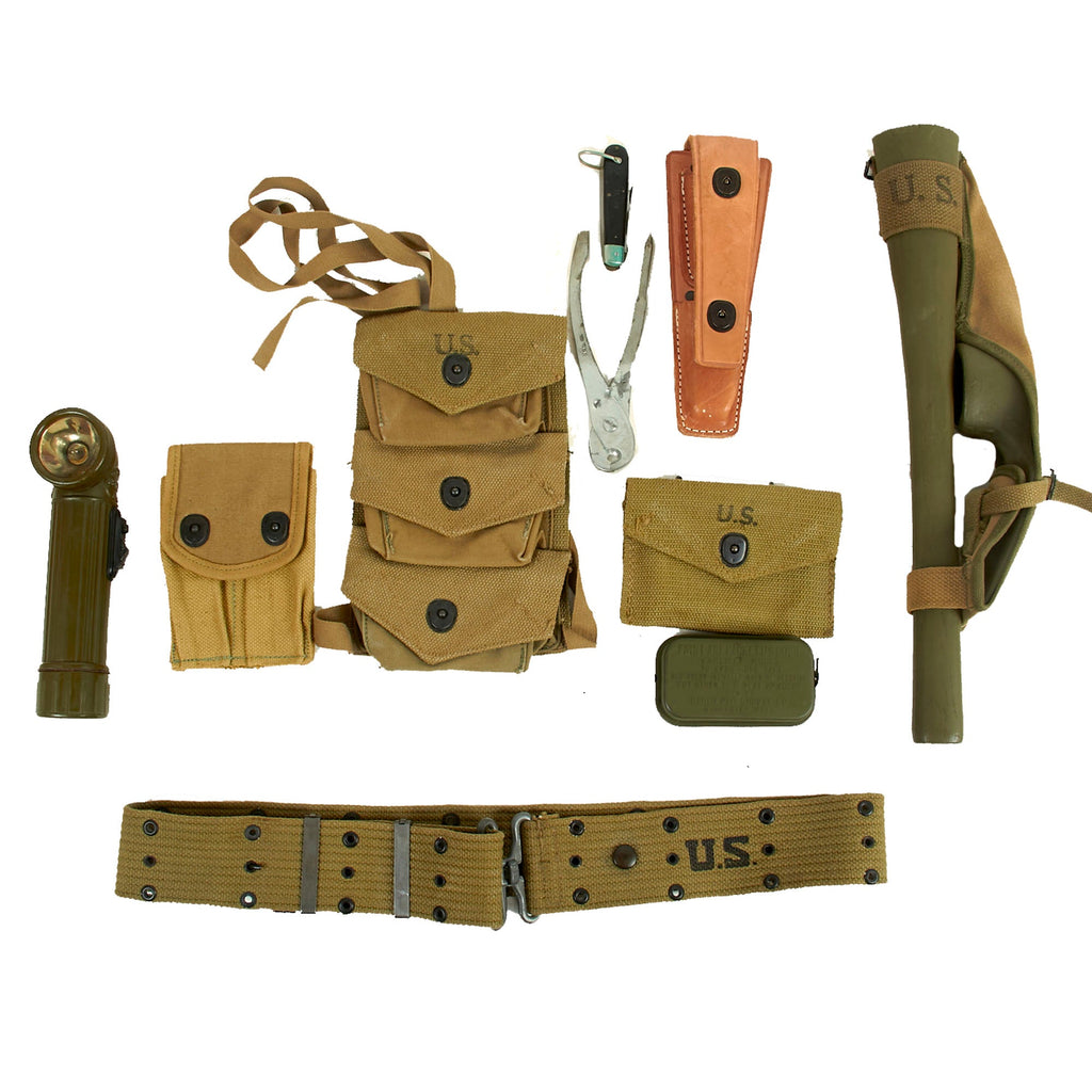 Original U.S. WWI & WWII Unissued G.I. Field Gear Lot Featuring Pick Mattock Set & Bandage Pouch with Carlisle Bandage - 7 Items Original Items