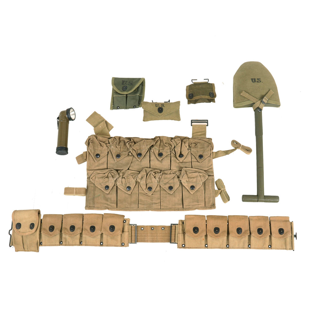 Original U.S. WWI & WWII Unissued G.I. Field Gear Lot Featuring TL-122A Flashlight & M1910 Entrenching Tool with 1942-Dated Cover - 7 Items Original Items