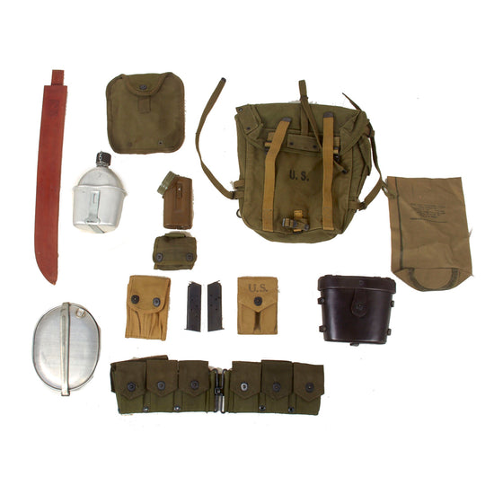 Original U.S. WWII & Korean War Era G.I. Field Gear Lot Featuring M1923 USMC Cartridge Belt & M1911 Pouches with Magazines - 12 Items Original Items