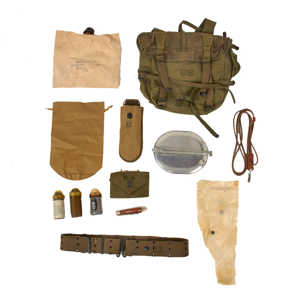 Original U.S. WWII & Korean War Era G.I. Field Gear Lot Featuring M1945 Field Pack & M1938 Wire Cutters - 13 Items Total Original Items