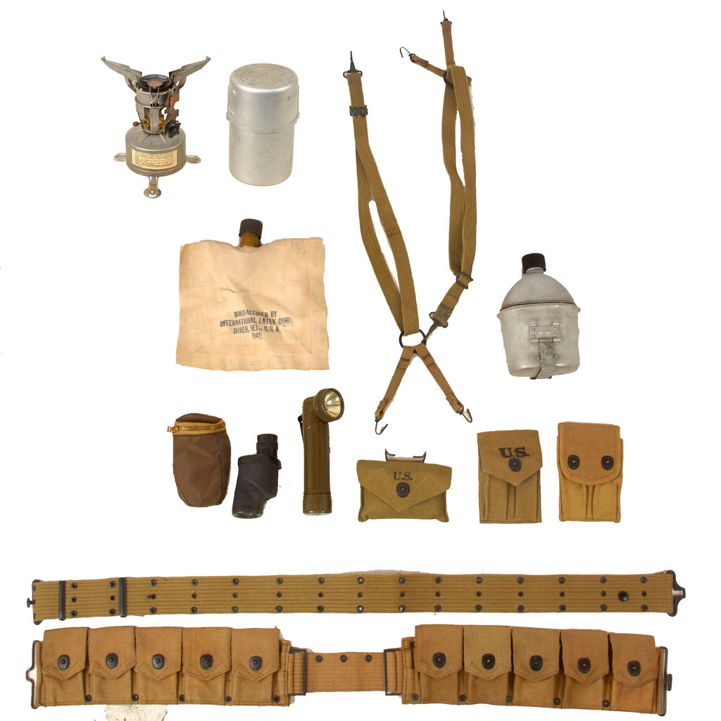 Original U.S. WWII - WWI Field Gear Lot - Coleman Stove with Bayonet “F” Canister & First Aid Pouch with Carlisle Bandage & Tablets - 13 Items Total Original Items