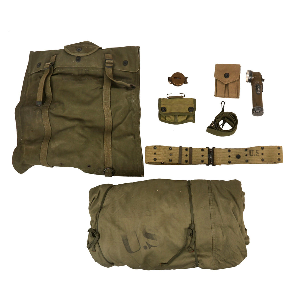Original U.S. WWII Era G.I. Field Gear Lot Featuring Lensatic Compass, Sleeping Bag, & 5 Gallon Collapsible Drinking Water Bag - 6 Items Original Items