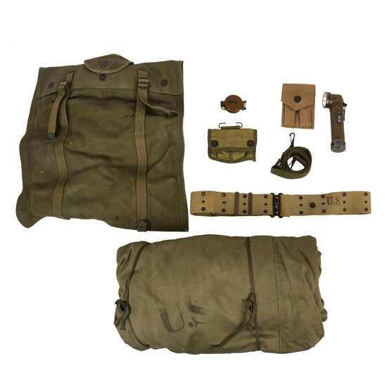 Original U.S. WWII Era G.I. Field Gear Lot Featuring Lensatic Compass, Sleeping Bag, & 5 Gallon Collapsible Drinking Water Bag - 6 Items Original Items