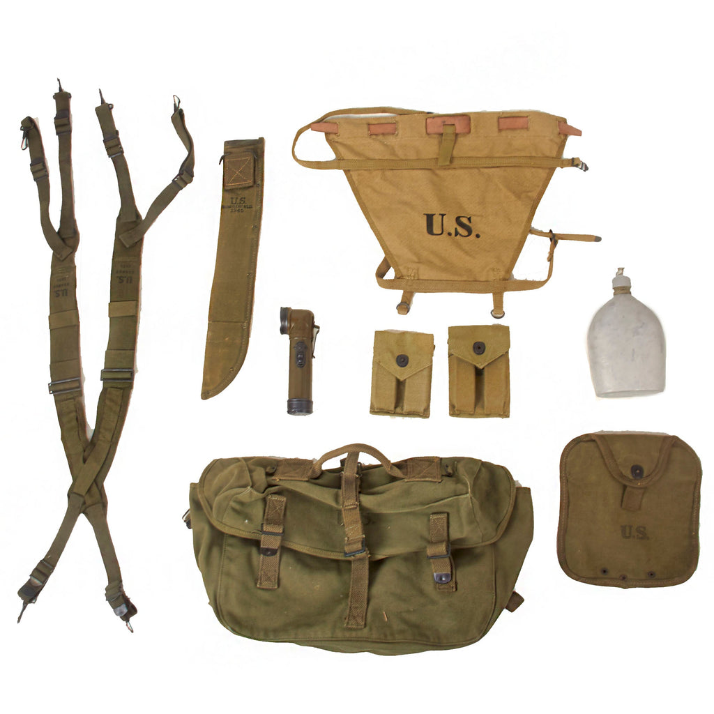 Original U.S. WWII & Korean War Era G.I. Field Gear Lot Featuring TL-122A Flashlight & Two M1911 Pouches with Magazines - 9 Items Original Items