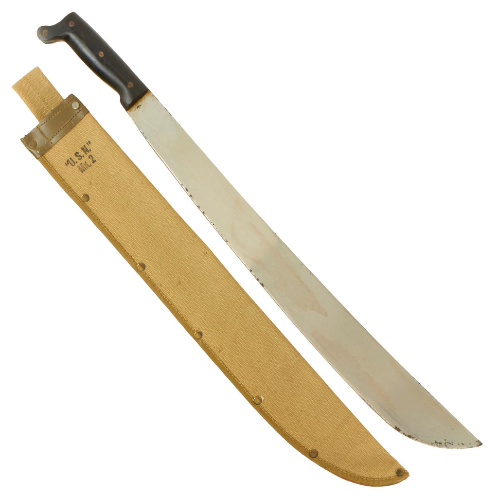 Original WWII U.S. Navy MK-2 Collins & Co. Legitimus Long Jungle Machete Dated 1945 with Canvas Scabbard Original Items