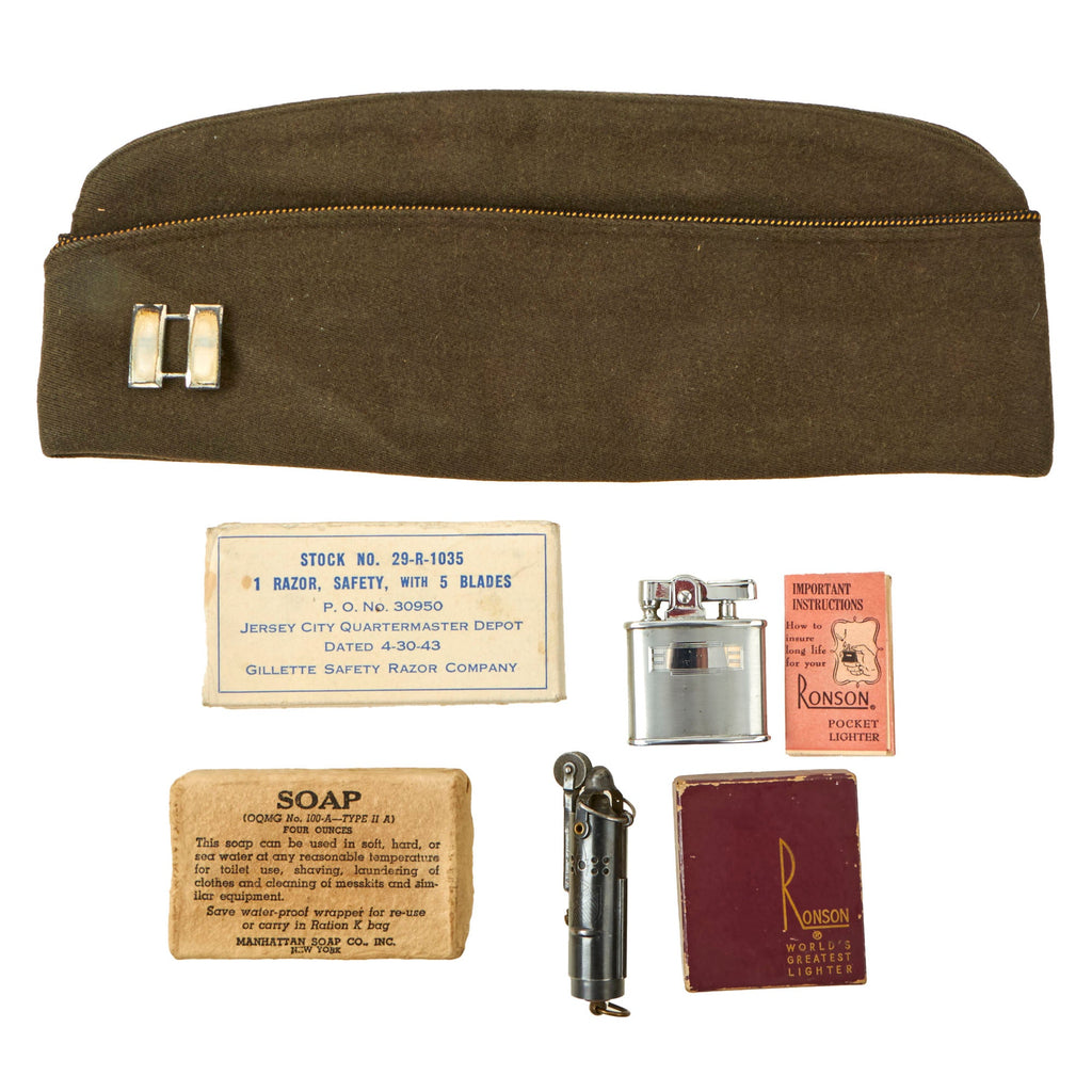 Original U.S. WWII Personal Effect Items Lot Including Captain’s Overseas Cap & Trench Lighter Original Items