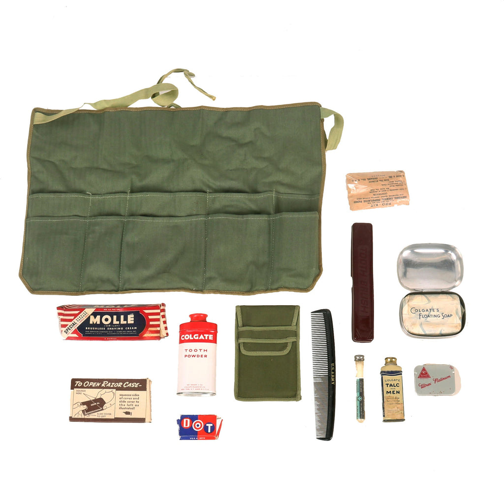 Original U.S. WWII Personal Effect Items Lot in Carrying Case - Tooth Powder & Hygiene Supplies Original Items