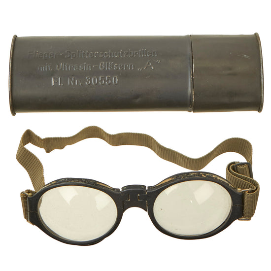 Original German WWII Luftwaffe Fighter Pilot Splinter Goggles Ultrasin Glasses Type A with Original Storage Tin Original Items