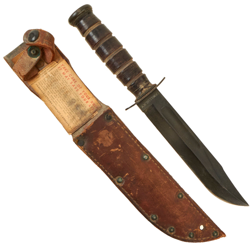 Original U.S. WWII USMC KA-BAR Fighting Knife by Camillus with Leather Scabbard - With Camillus Cutlery Kabar “Care Card” Original Items