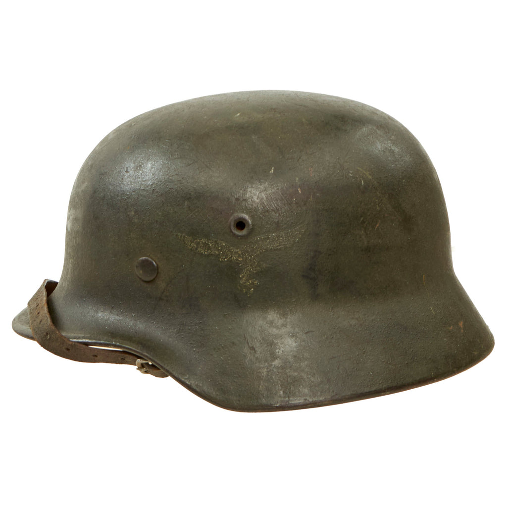 Original German WWII Luftwaffe M40 Single Decal Green Textured Camouflage Overpaint Steel Helmet with 58cm Liner and Chinstrap - EF66 Original Items