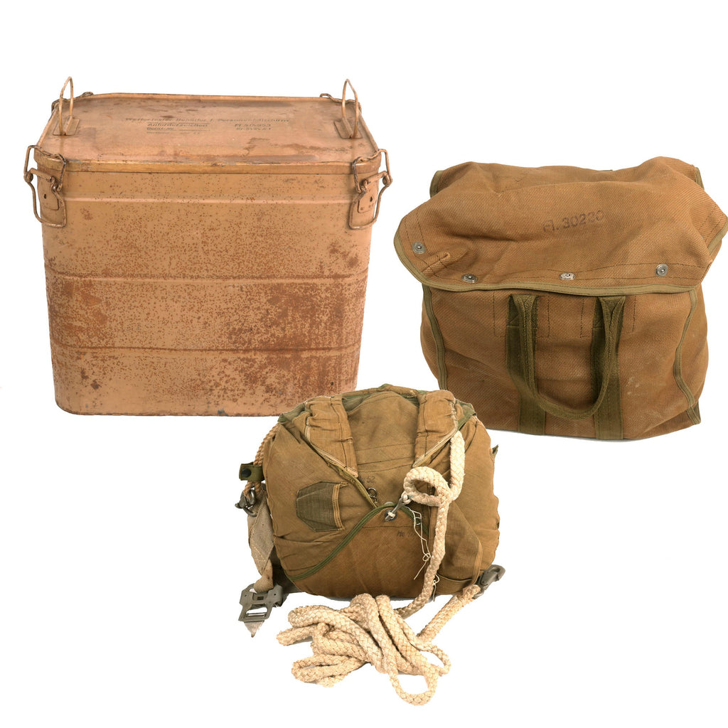 DRAFT Original German WWII Luftwaffe Fallschirmjäger Parachute Complete Set with Harness and Transit Chest - Unissued Original Items