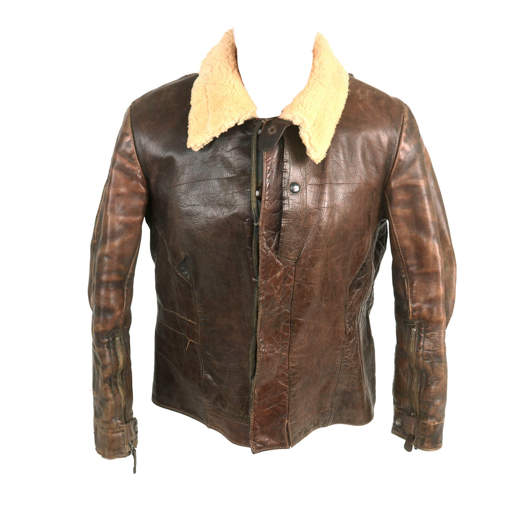 Original German WWII Luftwaffe Pilot's Brown Leather Flight Jacket with Shearling Collar Original Items