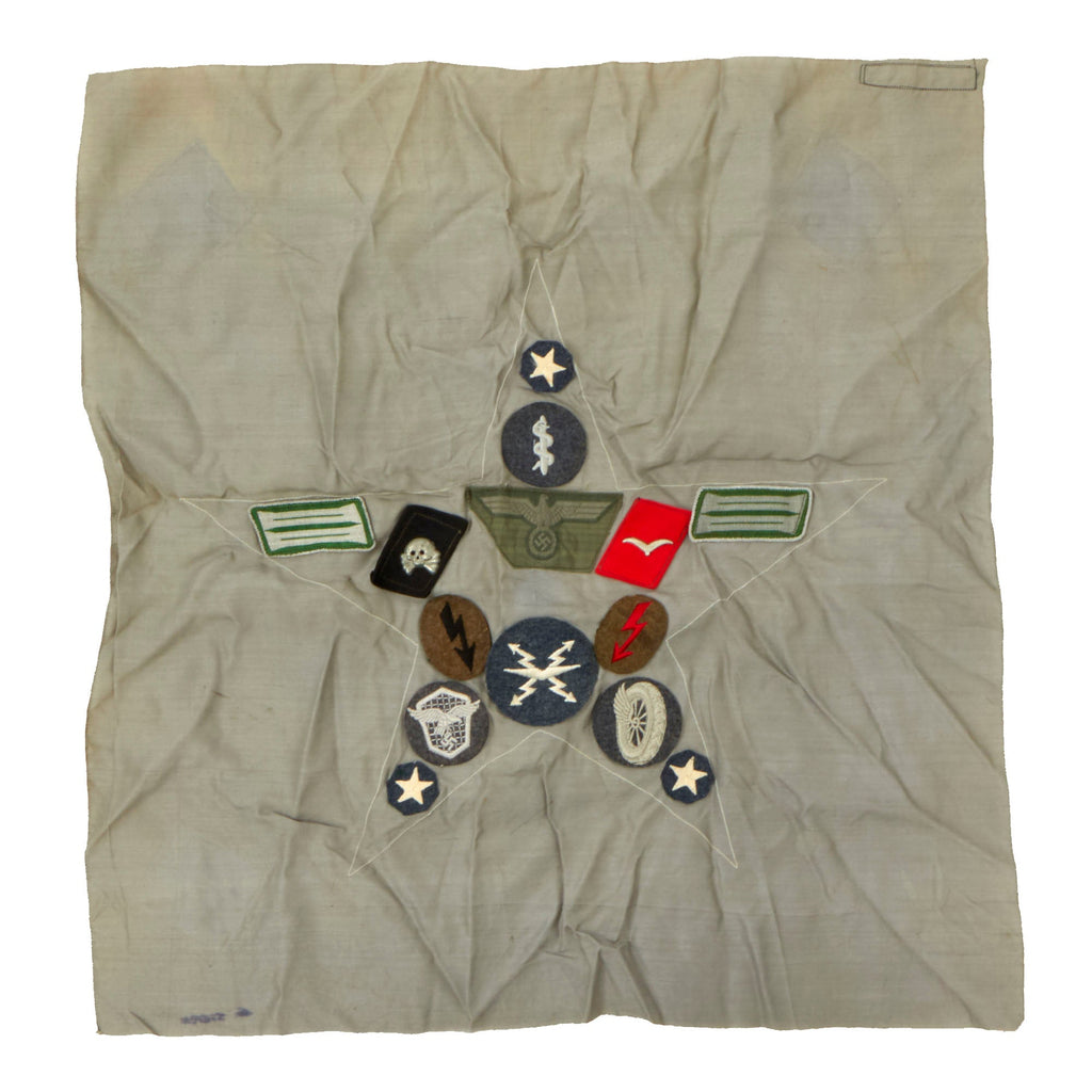 Original U.S. WWII Scarf with Attached German Insignia Named to POW Obergefreiter Alex. Klemm - 14 Attached Items Original Items