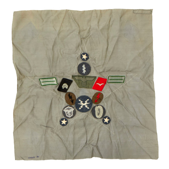 Original U.S. WWII Scarf with Attached German Insignia Named to POW Obergefreiter Alex. Klemm - 14 Attached Items Original Items