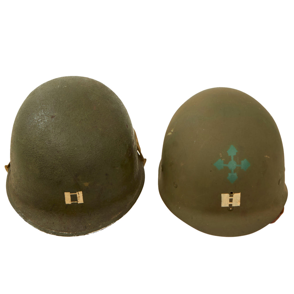 Original U.S. WWII Officer’s M1 Schlueter Front Seam Helmet with 4th Infantry Division Marked CAPAC Liner & Captain’s Bars Original Items