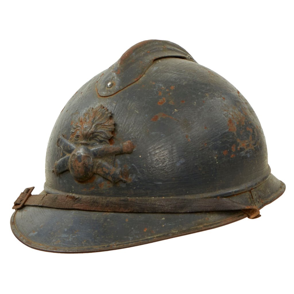 Original French WWI Model 1915 Adrian Helmet in Horizon Blue with Artillery RF Badge and 2nd Pattern Liner - Complete Original Items