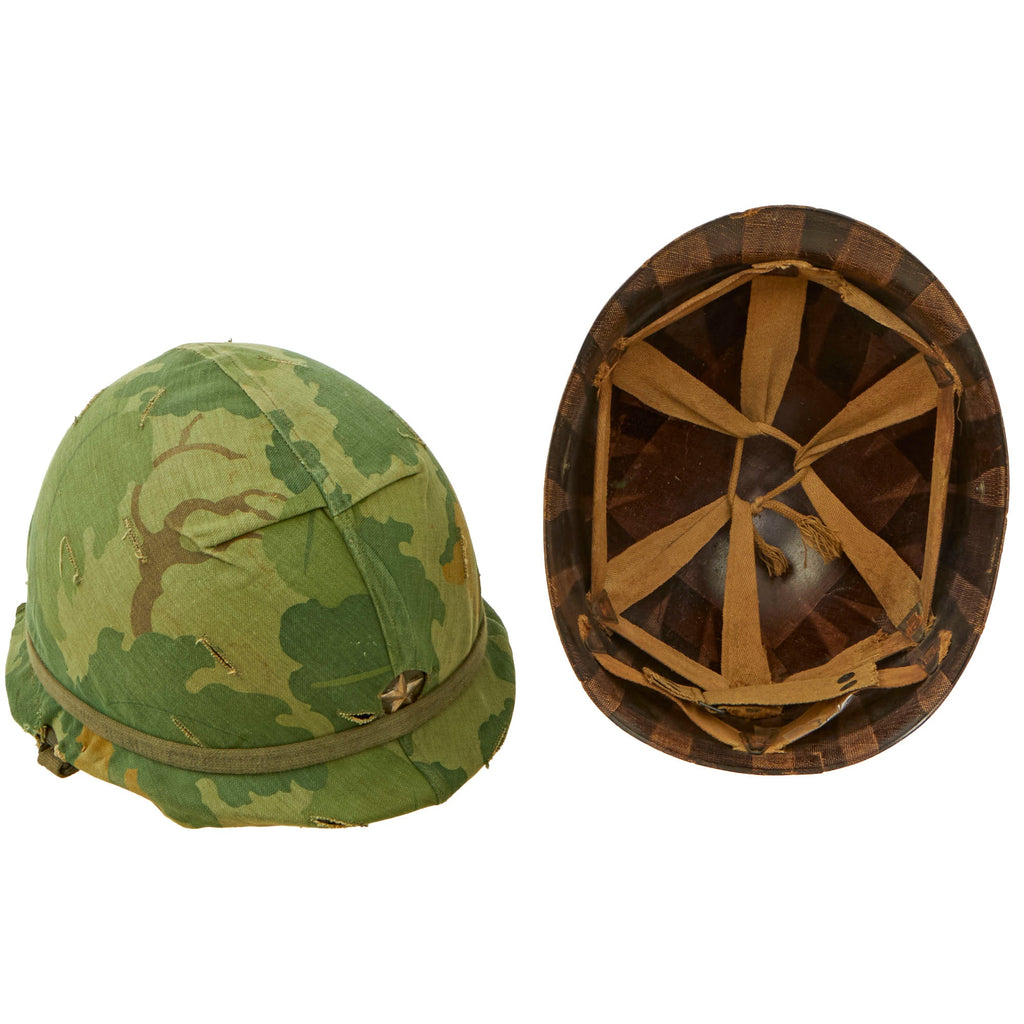 Original U.S. Vietnam War WWII Front Seam Swivel Bale McCord M1 Brigadier General’s Helmet with Vietnam War Camouflage Cover and WWII Westinghouse Liner Original Items