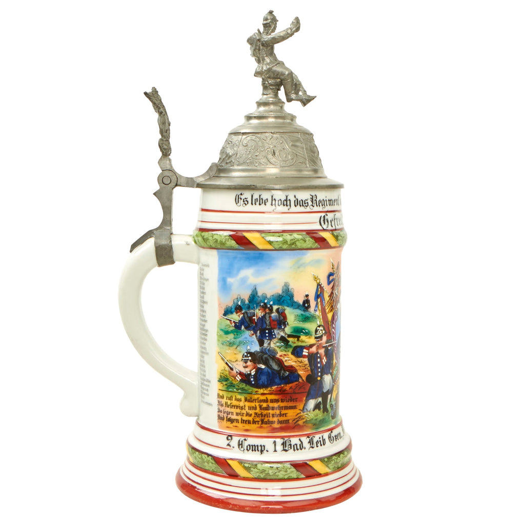 Original Imperial German Pre-WWI Royal Baden 1st Life Guard Grenadier Regiment 109 Beer Stein with Hinged Lid - Dated 1904-1906 Original Items