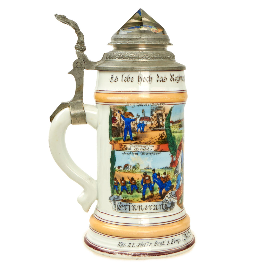 Original Imperial German Pre-WWI 21st Royal Bavarian Infantry Regiment Reservist Beer Stein with Prism Lid - Dated 1901-1903 Original Items