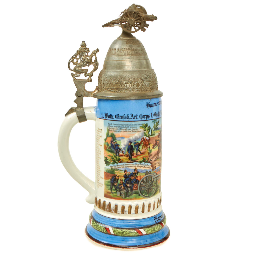 Original Imperial German WWI Era Hessian 25th (1st Grand Ducal Hessian) Field Artillery Regiment Beer Stein with Hinged Lid - Dated 1907-1909 Original Items