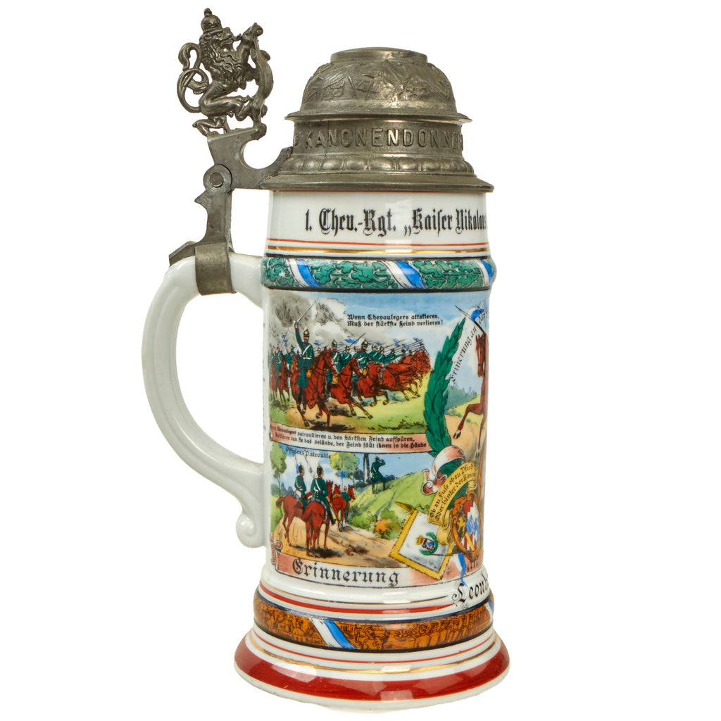 Original Imperial German WWI Era 1st Royal Bavarian Chevau-légers "Emperor Nicholas of Russia" Beer Stein with Hinged Lid - Dated 1908-1911 Original Items