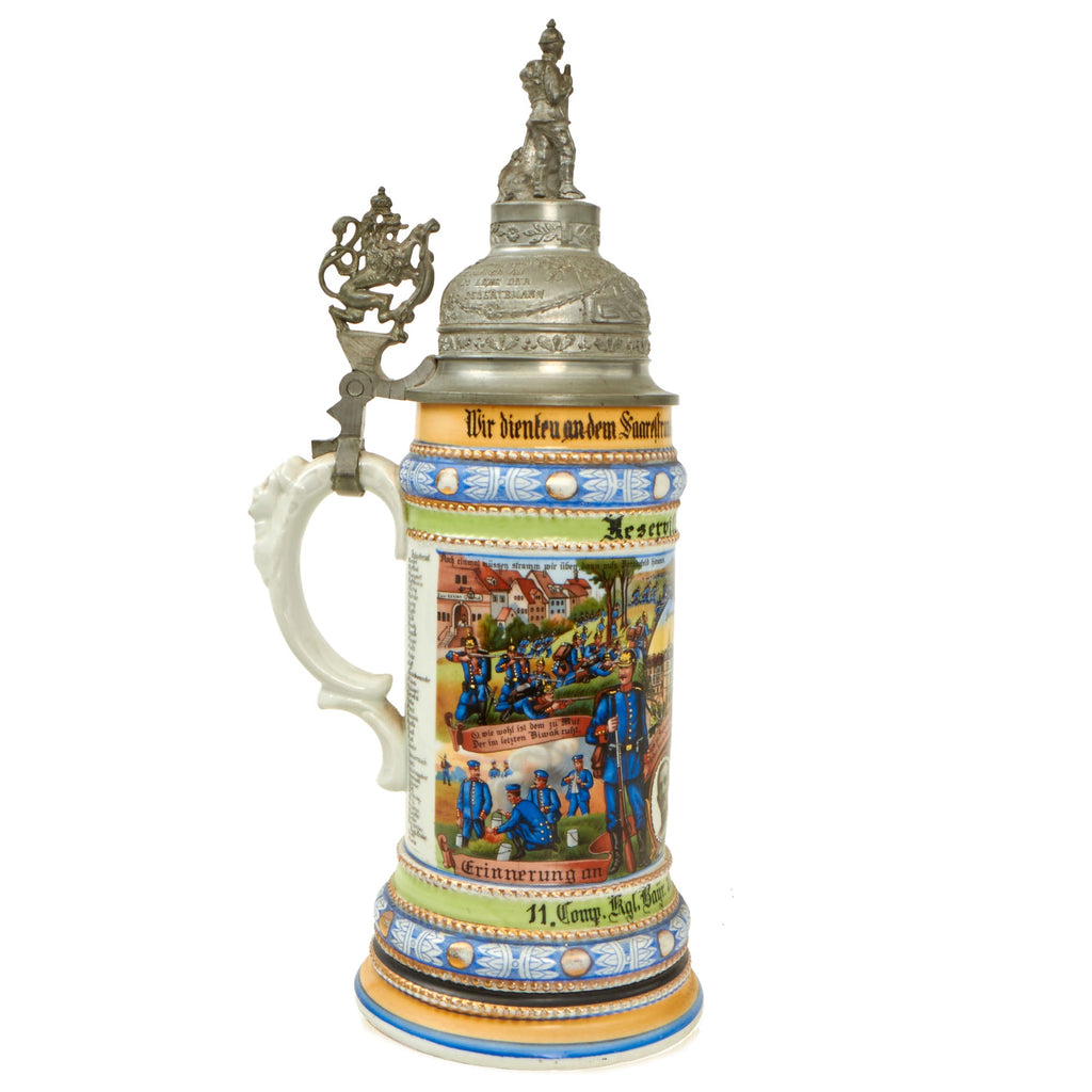 Original Imperial German WWI Era 22nd Royal Bavarian Infantry Regiment Reservist Beer Stein with Hinged Lid - dated 1912-1914 Original Items