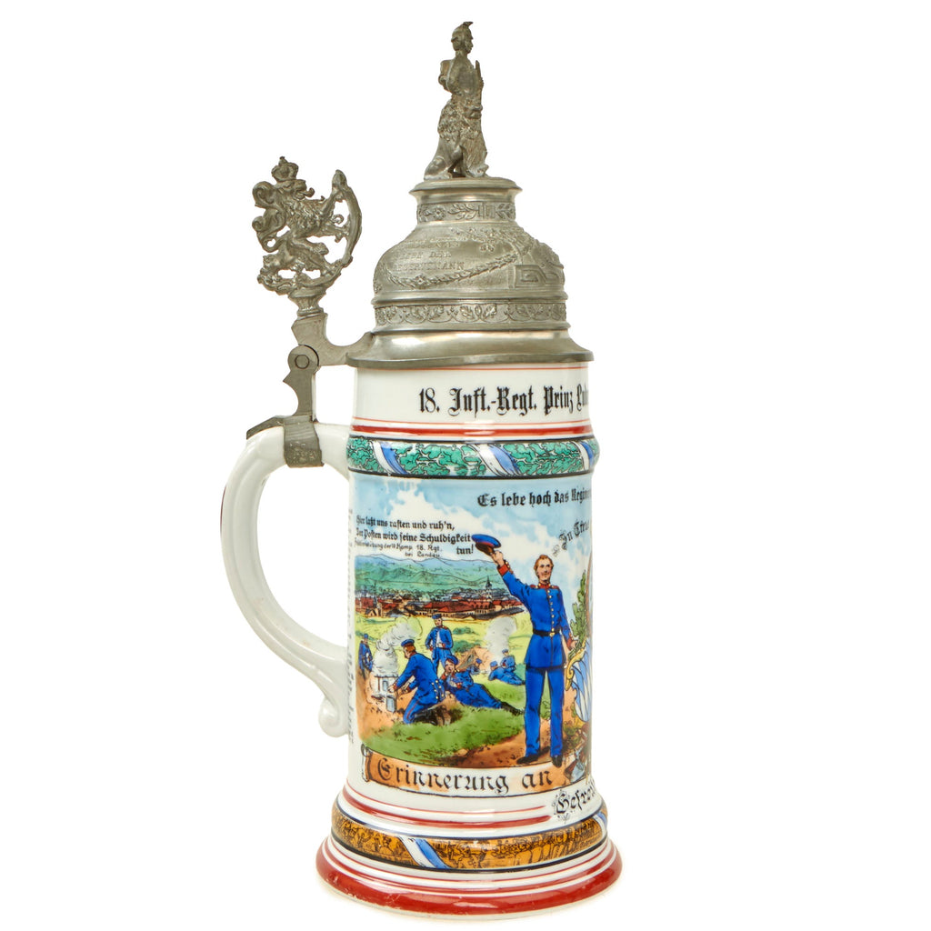 Original Imperial German WWI Era 18th Royal Bavarian Infantry Regiment Reservist Beer Stein with Hinged Lid - Dated 1905-07 Original Items