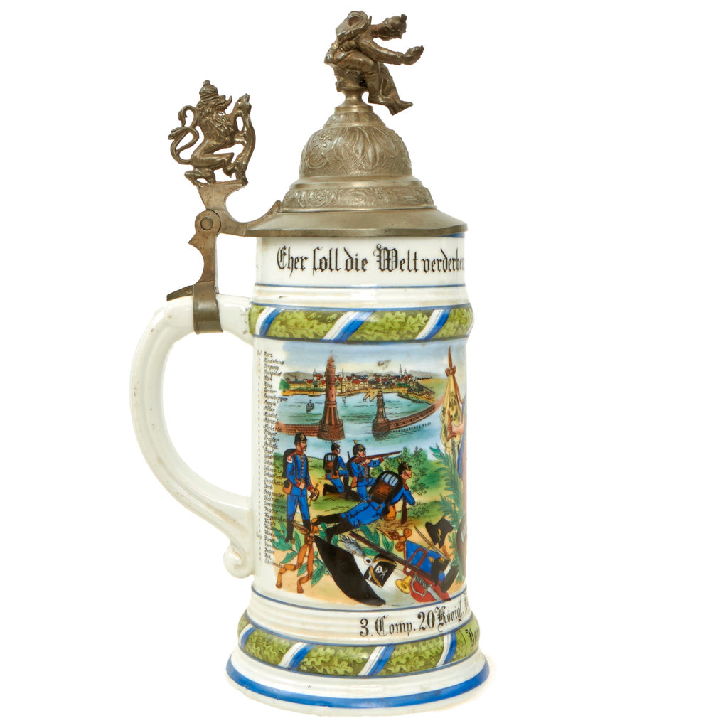 Original Imperial German WWI Era 20th Royal Bavarian Infantry Regiment Reservist Beer Stein with Hinged Lid - Dated 1903-1905 Original Items