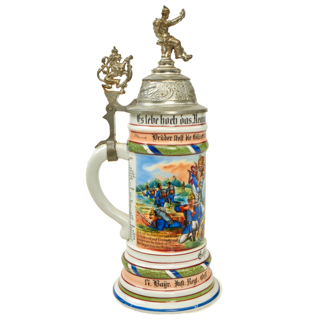 Original Imperial German WWI Era 17th Royal Bavarian Infantry Regiment Reservist Beer Stein with Hinged Lid - Dated 1907-1909 Original Items