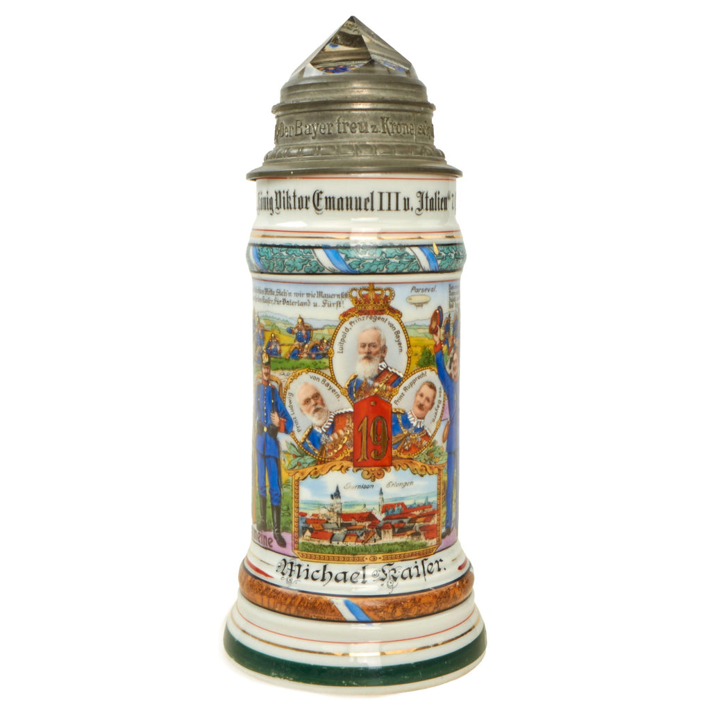 Original Imperial German WWI Era 19th Royal Bavarian Infantry Regiment Reservist Beer Stein with Prism Lid - Dated 1911-1913 Original Items