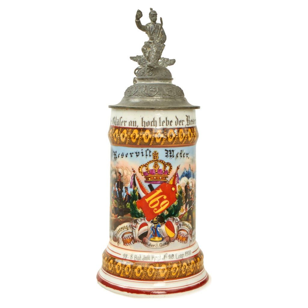 Original Imperial German WWI Era 169th Baden Infantry Regiment Beer Stein with Hinged Lid - Dated 1900 Original Items