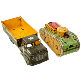 Original U.S. Inter-War & 1950’s Tin Lithographed Mechanical Toy Tank and Truck by Louis Marx & Co With Popout Rifleman - Formerly A.A.F. Tank Museum Collection