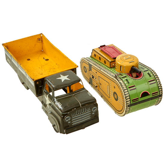 Original U.S. Inter-War & 1950’s Tin Lithographed Mechanical Toy Tank and Truck by Louis Marx & Co With Popout Rifleman - Formerly A.A.F. Tank Museum Collection Original Items