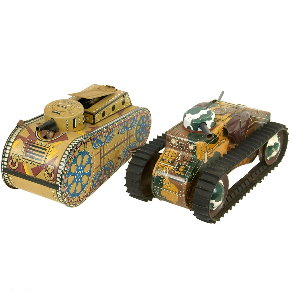 Original U.S. WWII Era Tin Lithographed Mechanical Toy Tanks by Louis Marx & Co With Popout Rifleman - Lot of 2 Original Items