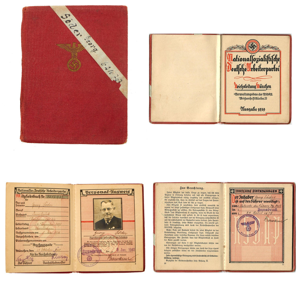 Original German WWII NSDAP Membership Book of Austrian Georg Söder - Issued 9 January 1941 Original Items