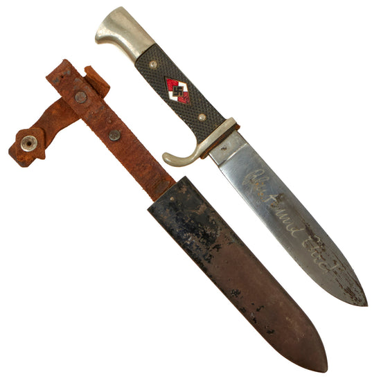Original German WWII Transitional HJ Knife with Motto by Tigerwerk Lauterjung & Co. with Scabbard - RZM M7/68 Original Items